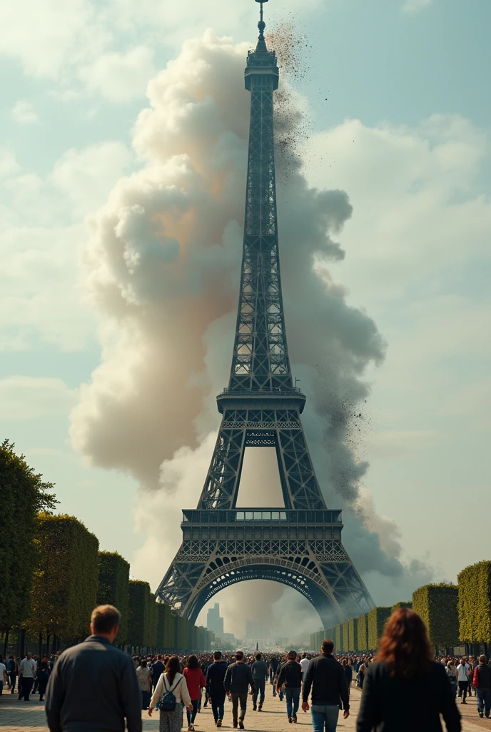 A cinematic and ultra-realistic photograph capturing the terrifying moment when the Eiffel Tower begins to crumble. The monument, a masterpiece of engineering, is seen falling onto itself, with stones and debris cascading from its peak, raising clouds of dust and debris. In the foreground, tourists are overwhelmed with shock and fear, running away from the disaster. The image is captured with incredible detail and clarity, reminiscent of a National Geographic photograph. The lighting is natural, enhancing the dramatic and emotional atmosphere of the scene., cinematic, photo