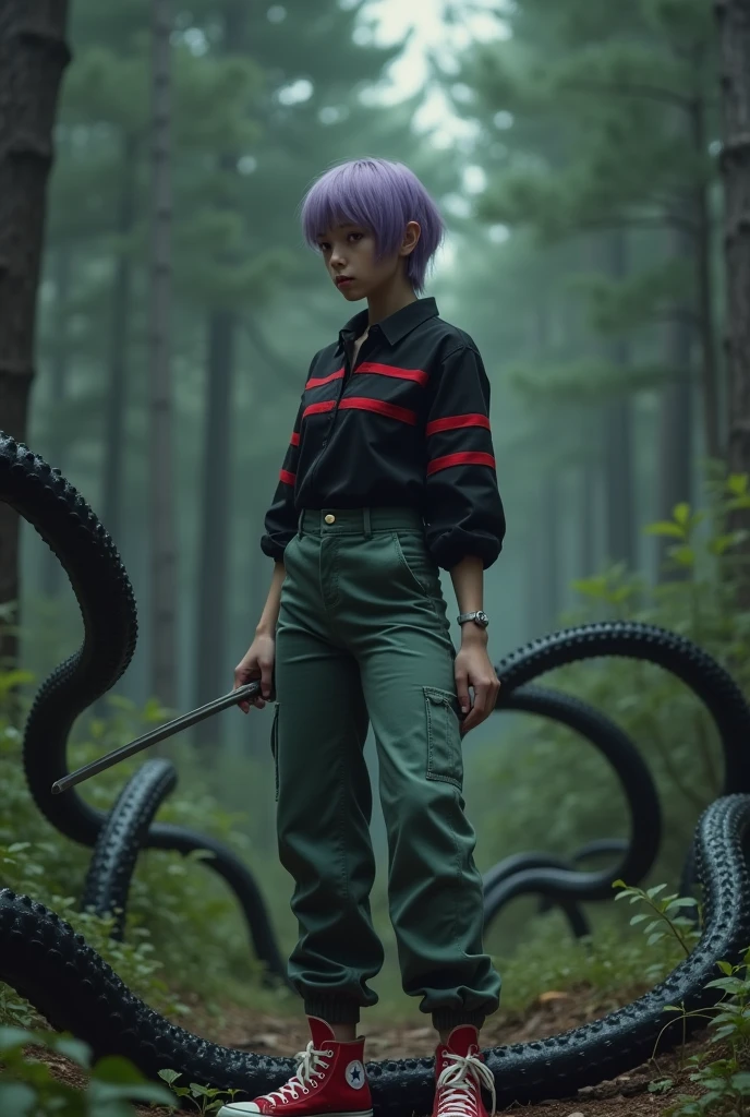 Then, Por favor, create a real photograph of a woman, in a pine forest fighting scary black tentacles. She wears a tight black short-sleeved blouse with several red HORIZONTAL stripes all over the blouse., dark pastel green pants and red ALL star sneakers. She has red eyes and has short purple hair shaved on the side.. She has a serious expression and a thin sword in her hand..