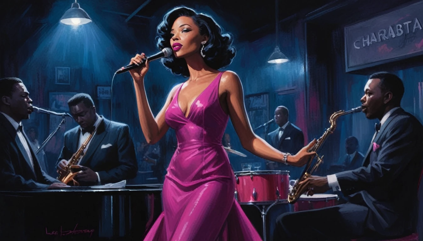alabama bar, blue note, charismatic, baterist, guitarist, saxophonist, jazz band, fuchsia dress, illustration, noir fantasy, singer lady,