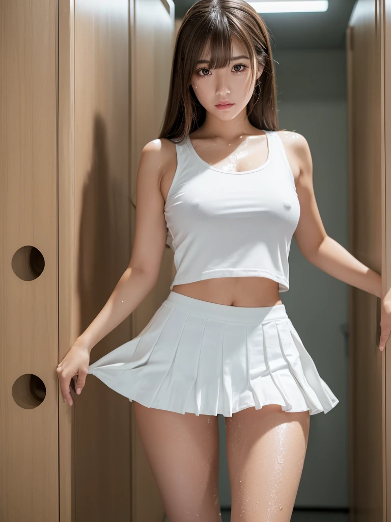 Product quality,1 girl,Cowboy Shot,Front view,Thigh Emphasis,(Knee-deep shots:1.3),Young and sexy Japanese girl,18-year-old,locker room,Wearing white tennis wear,(White ultra short micro pleated mini skirt),wear,No underwear,((Small Head,face:0.4))超かわいいface,赤ちゃんのface,Glossy Lips,Big eyes,Double eyelids on both eyes,(Natural Makeup),Brown eyes,Small and cute nose,shiny smooth light brown hair with long hair,,Asymmetrical bangs,Center image,8k resolution,Attention to detail,Detailed hairstyle,詳細なface,Cinema Lighting,Octane Rendering,Ultra-realistic,Perfect limbs,Voluptuous thighs,Huge breasts,(Expresses the roundness and softness of the chest area..........1),Soft Skin,(Glowing Skin, Sweaty: 1.5), Spread your legs,Provocative dynamic pose,Skirt flip,(no panties),nsfw,(spread pussy:1.5)