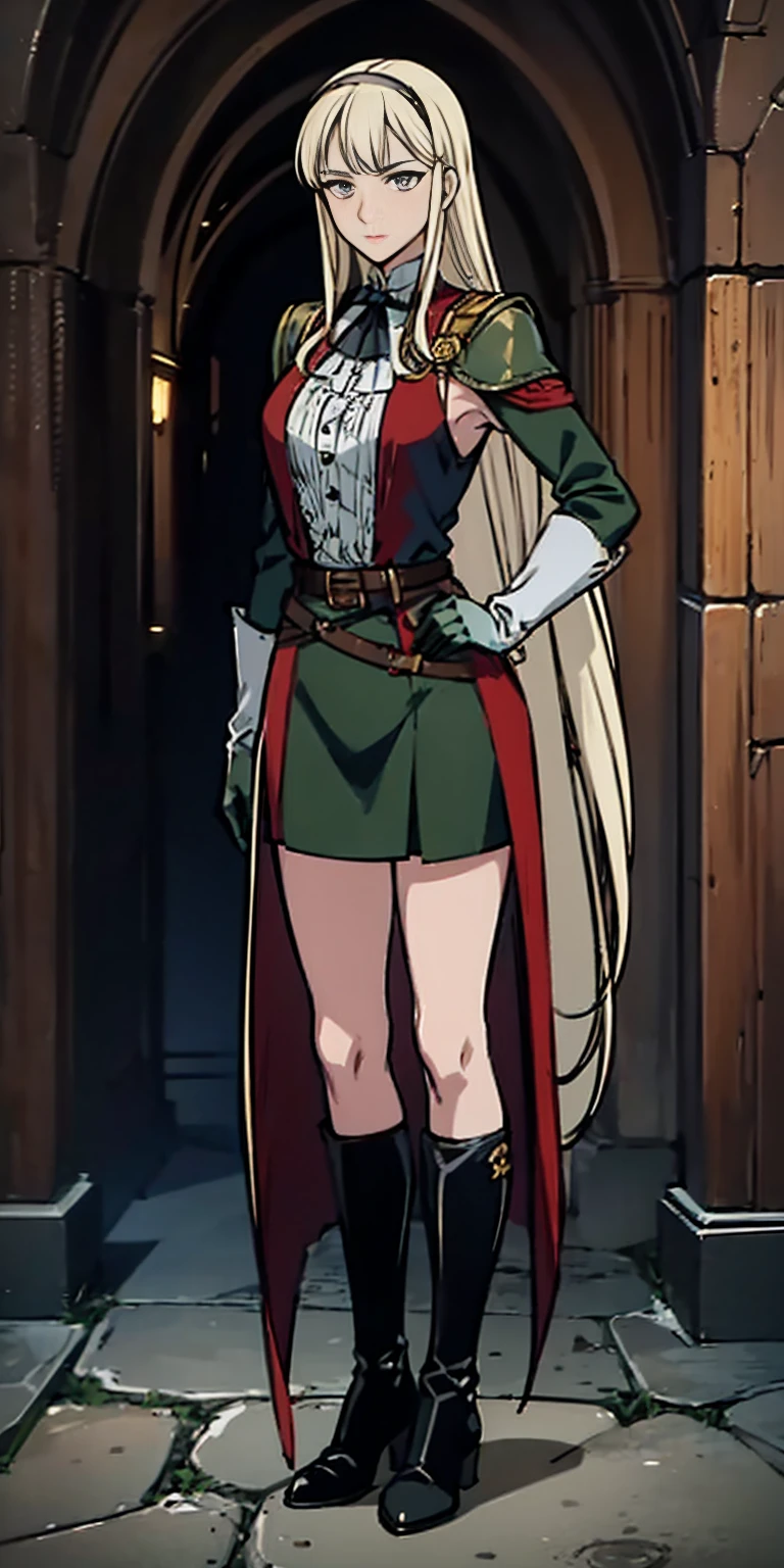 ((Full body photo, standing, feet on the floor)) 1women, solo, hips up, look at viewer, (detailed face), bangs, edgBB, black gloves, belt, coat, torn clothes, capelet, red gloves gauntlets, vambraces, black capelet, hunter (bloodborne) woman wearing edgBB_outfit, outdoors, gothic architecture, jewelry, full body Forrest Fire Emblem twin drills blonde hair