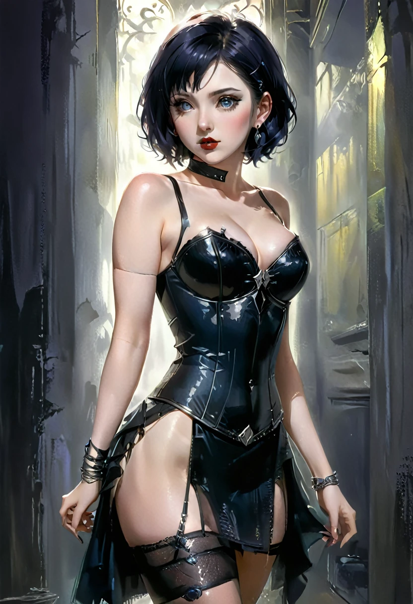 A woman (hyuuga hinata) with Roxo hair and Luminous eyes(Empty eyes)  looks at the camera, 
ruanyi0801,revealing clothes,jewelry,chainmail,sleeveless,tight skirt
Beautiful picture of the character, character portrait, character portrait, 🤤 hinata huyga character art, epic portrait illustration, 
oil and watercolor painting, dark, chiaroscuro, MythAn1m3(UHigh resolution, retina, masterpiece, Accurate, Anatomically correct, Textured skin, Very detailed, Attention to detail, high quality, 最high quality, High resolution, 1080p, High resolution, 4K, 8k, 16k), (Beautiful details, Beautiful lip detail, Very detailedな目と顔),(masterpiece:1.2, 最high quality), (Realistic, photoRealistic:1.4), Beautiful illustrations, (Natural Side Lighting, Cinema Lighting), Looking at the audience, Upper Body, (Front view), 1 girl, Perfect Face, Symmetrical cute face, Shiny skin, Baby Face, Long eyelashes, (Mid-chest), (Wide Hips:1.2),Shortcuts,Beautiful Hair, Beautiful Face, Beautiful and beautiful eyes, Beautiful body, Beautiful breasts, Beautiful thighs, Beautiful feet, Beautiful fingers,
(Beautiful views),,Pale skin,Woman in black corset and goth hair, With earrings, One Girl, alone, Black Hair, short hair, ring,(pierce:1.5),(Punk Style:1.5),(Gothic Dress),(Black Lips:1.7),