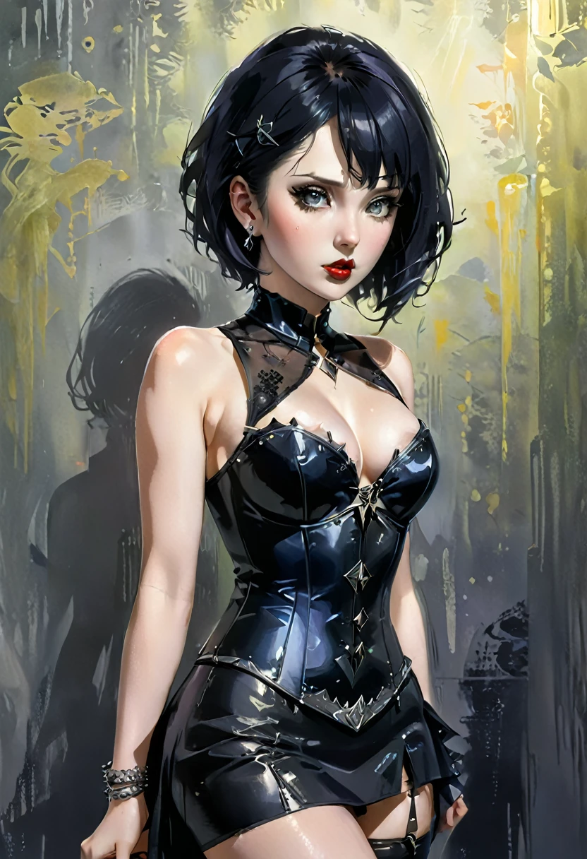 A woman (hyuuga hinata) with Roxo hair and Luminous eyes(Empty eyes)  looks at the camera, 
ruanyi0801,revealing clothes,jewelry,chainmail,sleeveless,tight skirt
Beautiful picture of the character, character portrait, character portrait, 🤤 hinata huyga character art, epic portrait illustration, 
oil and watercolor painting, dark, chiaroscuro, MythAn1m3(UHigh resolution, retina, masterpiece, Accurate, Anatomically correct, Textured skin, Very detailed, Attention to detail, high quality, 最high quality, High resolution, 1080p, High resolution, 4K, 8k, 16k), (Beautiful details, Beautiful lip detail, Very detailedな目と顔),(masterpiece:1.2, 最high quality), (Realistic, photoRealistic:1.4), Beautiful illustrations, (Natural Side Lighting, Cinema Lighting), Looking at the audience, Upper Body, (Front view), 1 girl, Perfect Face, Symmetrical cute face, Shiny skin, Baby Face, Long eyelashes, (Mid-chest), (Wide :1.2),Shortcuts,Beautiful Hair, Beautiful Face, Beautiful and beautiful eyes, Beautiful body, Beautiful , Beautiful thighs, Beautiful feet, Beautiful fingers,
(Beautiful views),16 years old,Pale skin,Woman in black corset and goth hair, With earrings, One Girl, alone, Black Hair, short hair, ring,(pierce:1.5),(Punk Style:1.5),(Gothic Dress),(Black Lips:1.7),