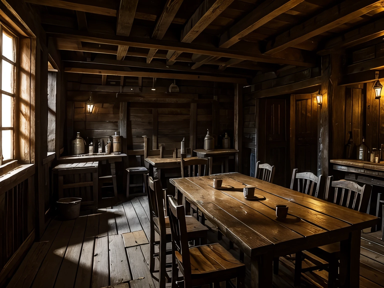 Rundown Medieval tavern interior, poor, in bad condition, poor, poverty, dark, damp