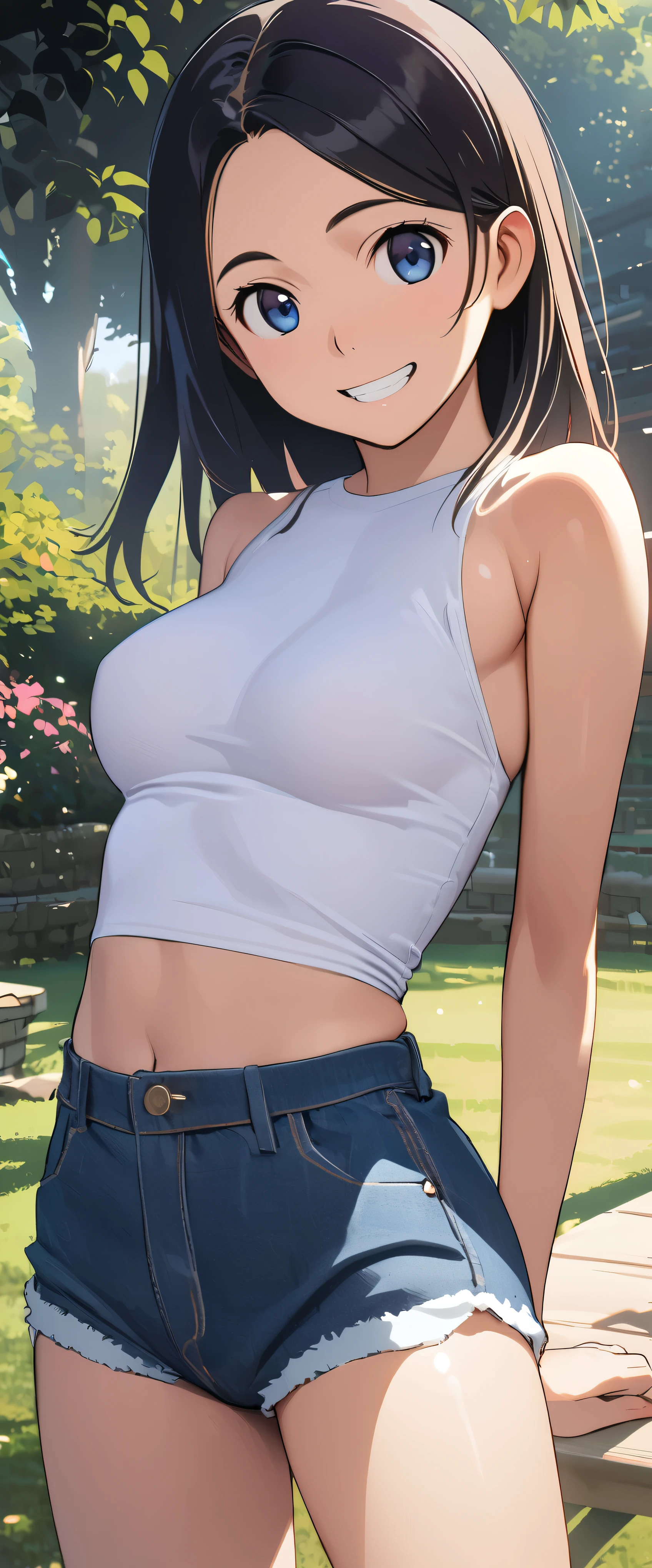 (((masterpiece)))、((Highest quality))、(Ultra-detailed)、(CG illustration)、(Very beautiful girl))、Cinematic Light、((1 Girl))、 、(Beautiful and luxurious:1.2)、(One Girl:1.3),garden,,,12 years old,((White sbra)),jean micro shorts,Black Hair,,smile,teeth,Fits perfectly against the skin,skinny,Big Breasts,Dynamic pose