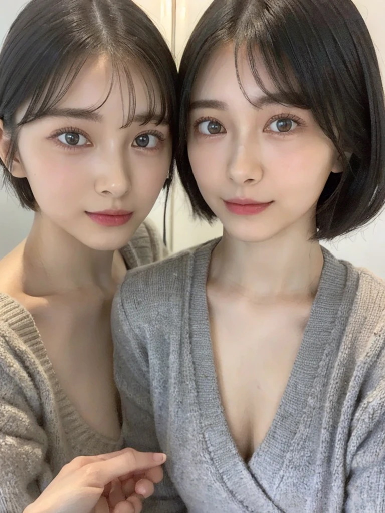 (masterpiece:1.3), (8k, Photoreal, Raw photo, best image quality: 1.4), Japanese high school girl、(random hairstyle:1.2)、:1.5、super ail face、eye for details、double eyelid、chest to chest、sharp focus:1.2、Beautiful woman:1.4、light brown hair、highest quality、masterpiece、超A high resolution、(Photoreal:1.4)、Highly detailed and professionally lit smiles、loose and light knitwear、shoulder out、thin、serious expression、short haired、deadly position
similar identical twins
All the girls have the exact same face, The two have the same face and figure, as if they were mirror images.