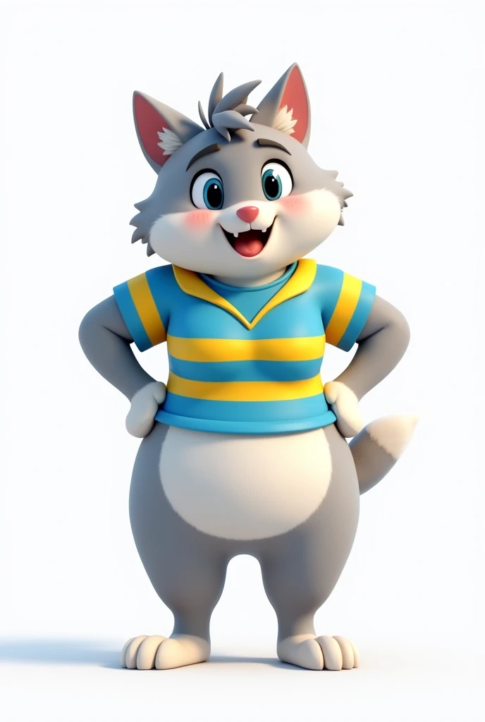 furry, :3, open mouth, cat ears, grey hair, ahoge, white_fur, blue and yellow striped shirt, big breasts, curvy, standing, hands on hips, looking at viewer, cartoonized, white_background, Temmie, (3d \(artwork\):1.15), blender \(software\), {sharp focus|soft focus}, ray tracing, (unreal engine:1.3), absurd res,