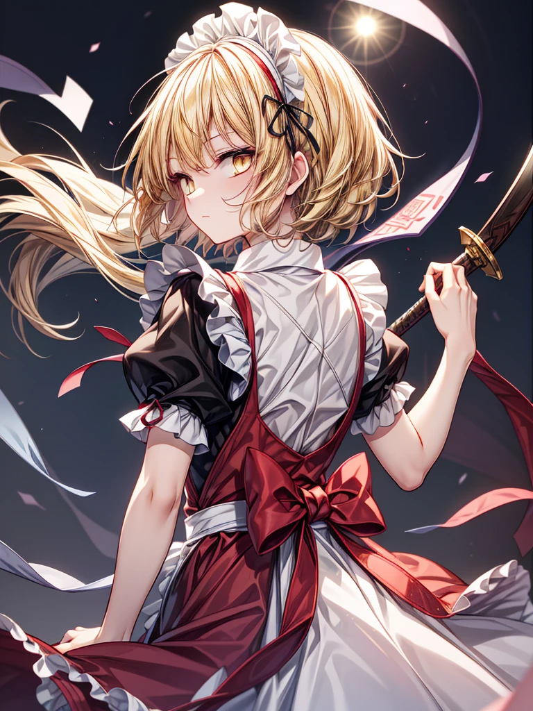 1girl,{{{{yumeko (touhou)}}}}, yellow eyes, blonde hair, long hair, red dress, maid, maid apron, maid headdress, black ribbon, puffy short sleeves, back bow, sword, holding sword, dual wielding