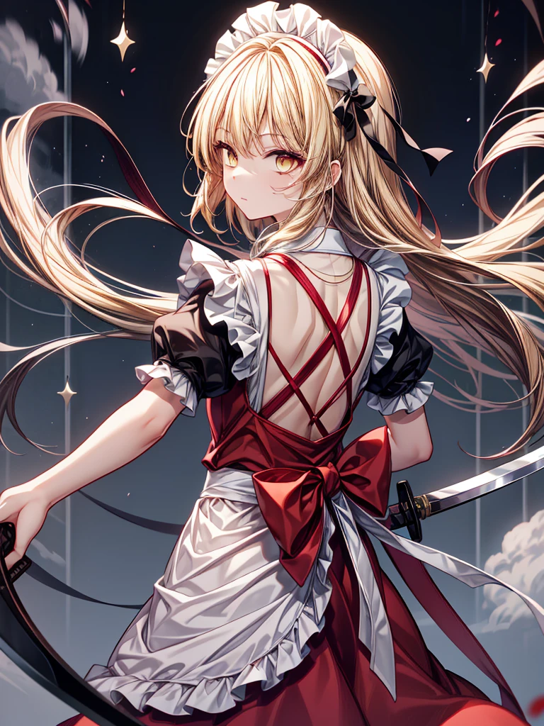 1girl,{{{{yumeko (touhou)}}}}, yellow eyes, blonde hair, long hair, red dress, maid, maid apron, maid headdress, black ribbon, puffy short sleeves, back bow, sword, holding sword, dual wielding
