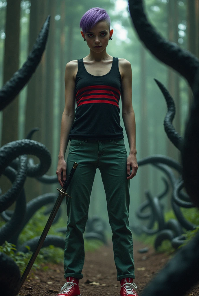 Then, Por favor, create a real photograph of a woman, in a pine forest fighting scary black tentacles. She wears a tight black short-sleeved blouse with several red HORIZONTAL stripes all over the blouse., dark pastel green pants and red ALL star sneakers. She has red eyes and has short purple hair shaved on the side.. She has a serious expression and a thin sword in her hand..