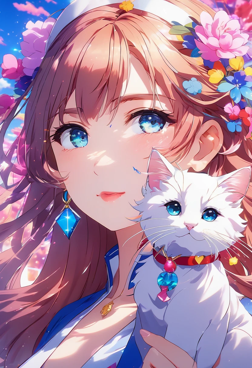 ((masterpiece)), (Very detailed), Cute abstract style, cigarette, In the sky, Colorful and vibrant, Mysterious colors, modern impressionism, Adorable girl holding a white cat,Portrait of Yanjun Chen, Rainbow Perspective ,Low - Angle, Expanding Swirling Configuration, Big beautiful crystal eyes, Big Iris, 超High resolution, High resolution, 8k, The most beautiful portraits in the world, White little cat, Non-expressive, Color and shape, emotional expression, Imaginative,Don MW15pXL