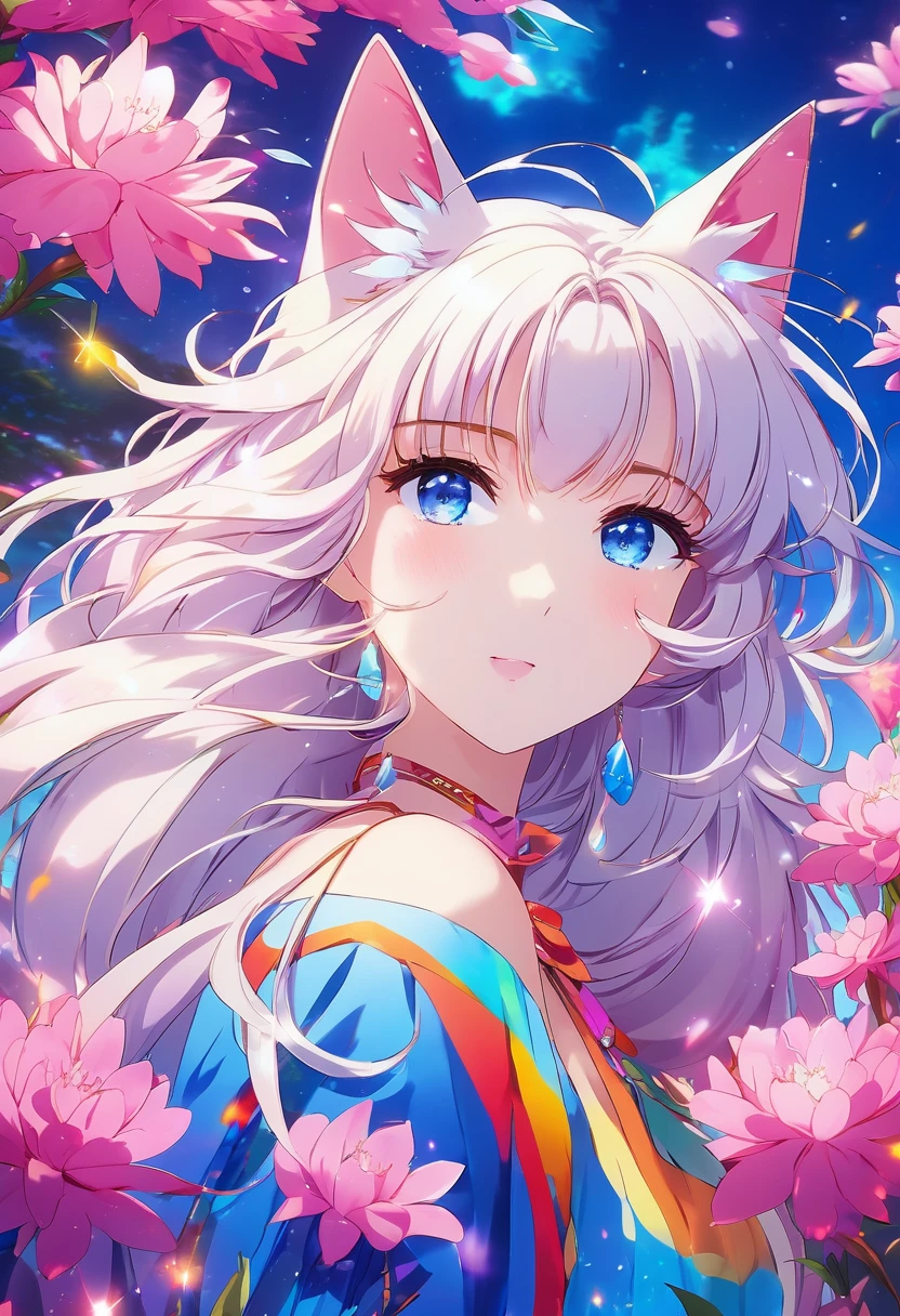 ((masterpiece)), (Very detailed), Cute abstract style, cigarette, In the sky, Colorful and vibrant, Mysterious colors, modern impressionism, Adorable girl holding a white cat,Portrait of Yanjun Chen, Rainbow Perspective ,Low - Angle, Expanding Swirling Configuration, Big beautiful crystal eyes, Big Iris, 超High resolution, High resolution, 8k, The most beautiful portraits in the world, White little cat, Non-expressive, Color and shape, emotional expression, Imaginative,Don MW15pXL