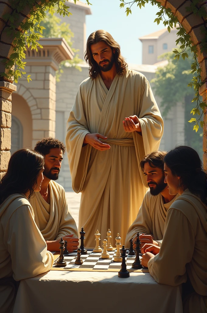 Picture of the Lord Jesus watching people playing chess