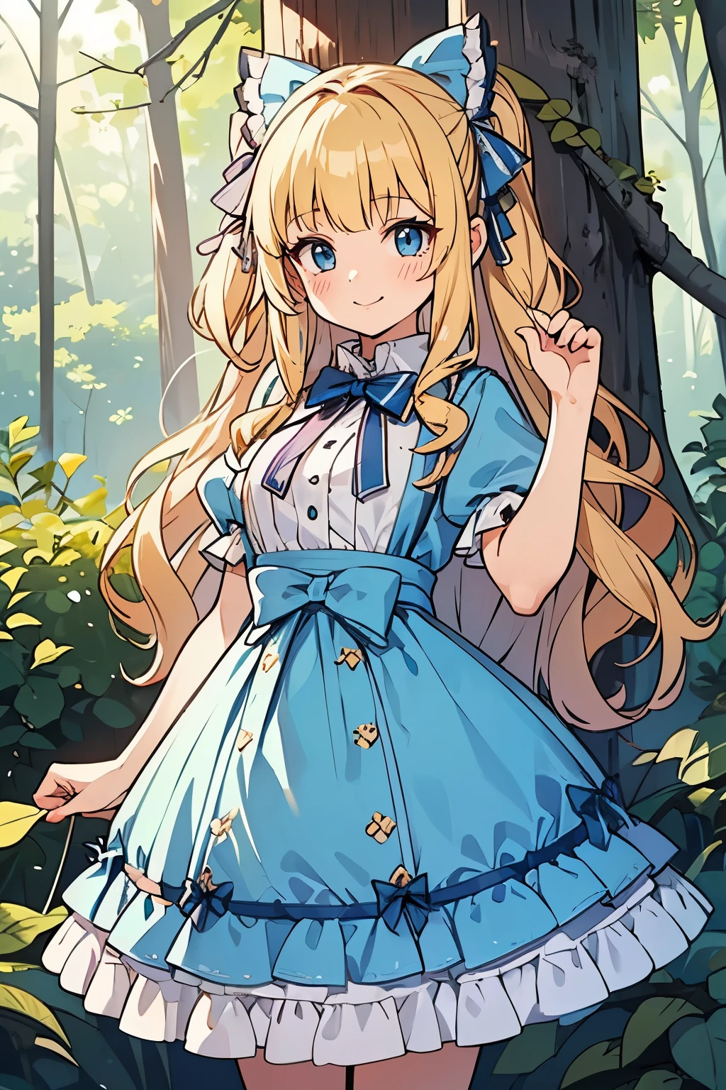 Safe for work, masterpiece, best quality, solo, 1 girl,  cute girl, wholesome girl, (young female body:1.4), ( medium small breasts), cowboy shot, shy smile, flustered, yellow hair, voluminous wavy hair, extra long hair, hime cut, very blunt bangs, light blue eyes, detailed eyes, forest trees, river background, cute lolita fashion, light blue lolita dress, cozy background, light blue lolita dress, ribbons, light blue bows,  big bow on head