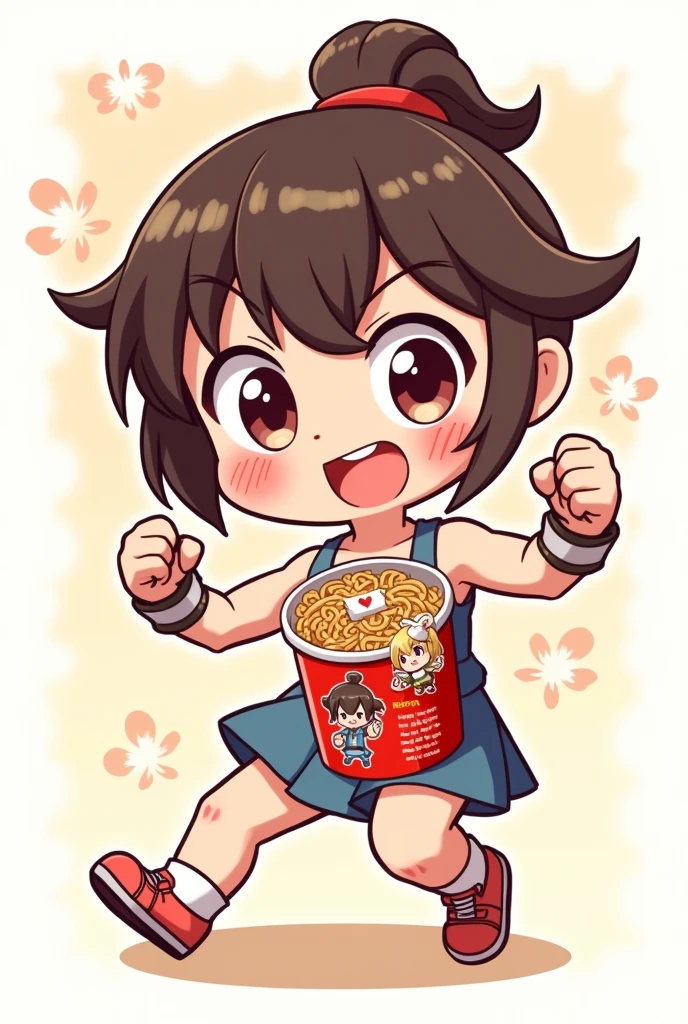 A cute cup noodle with an illustrated character making a fighting pose。Gender: Girl