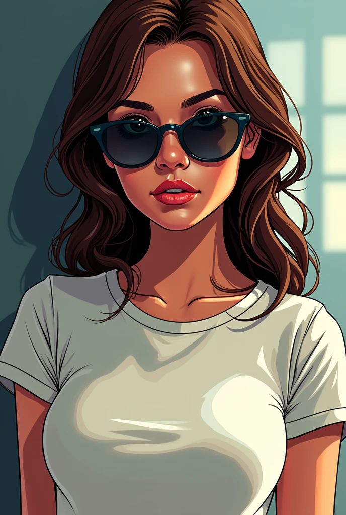 a close up of a woman in a t-shirt and sunglasses, vector art by Mark Brooks, Artstation, digital art, art gta 5 comics, style of gta v artworks, comics gta 5 cover, comic digital art, art gta 5 cover, margot robbie in gta v, gta v art, gta v loading screen art, realistic shirt, gta 5 artwork, gta art, cleavage, hot bikini underwear