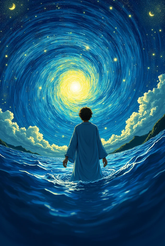 Action Shots, Jesus Christ , Spiral Mode, Underwater viewpoint, Look up at the sky at the bottom of the sea, HD Real Van Gogh Sky,Capture Vincent Van Gogh's enchanting depiction of an iconic starry sky,Vibrant, Blue and yellow light up the night sky, Inviting viewers into the vision of famous artists, Topics include "In good faith: Makoto Shinkai", Miyazaki style, 32K, surreal photos,shuixia,Handsome,Japanese anime style,delicate,A kind expression,Slurry