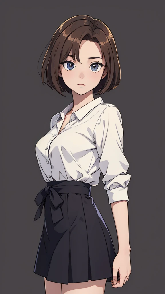 (((masterpiece, best quality, ultra highres, 1 girl, solo, no background))), super detailed skin and face and eyes and finger, beautiful japanese woman, small breasts:1.5, skinny, light brown hair, very short pixie hair, cowboy shot, The background should be simple, outline, anime, 2d, boyish, expressionless, cartoon, mini skirt dress,