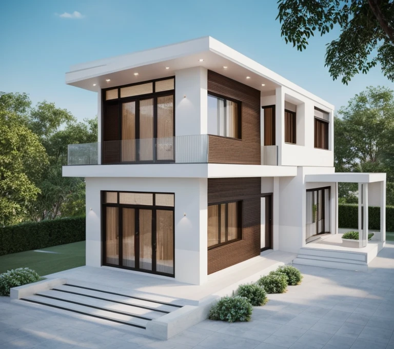 Minimalist architecture, the main materials of the house include white walls, blue concrete effect walls, Realistic images, extremely detailed, a modern house, 1 road in font of house, large yard made by ceramic, (1 car), brick fence, lawn, a few small flowers, a road in front of the house, main materials of the house are white walls and red brick, Modern design, clear blue sky, sunrise light, light from inside, dynamic light,shimering light, cinematic light, romantic feeling, (((day light, warm light)))