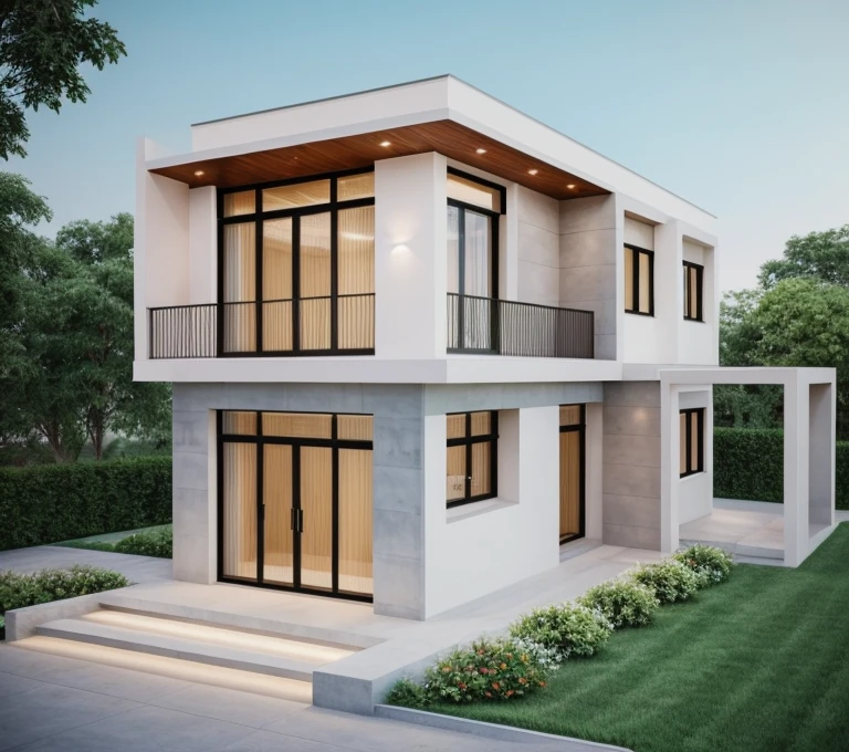 Minimalist architecture, the main materials of the house include white walls, blue concrete effect walls, Realistic images, extremely detailed, a modern house, 1 road in font of house, large yard made by ceramic, (1 car), brick fence, lawn, a few small flowers, a road in front of the house, main materials of the house are white walls and red brick, Modern design, clear blue sky, sunrise light, light from inside, dynamic light,shimering light, cinematic light, romantic feeling, (((day light, warm light)))