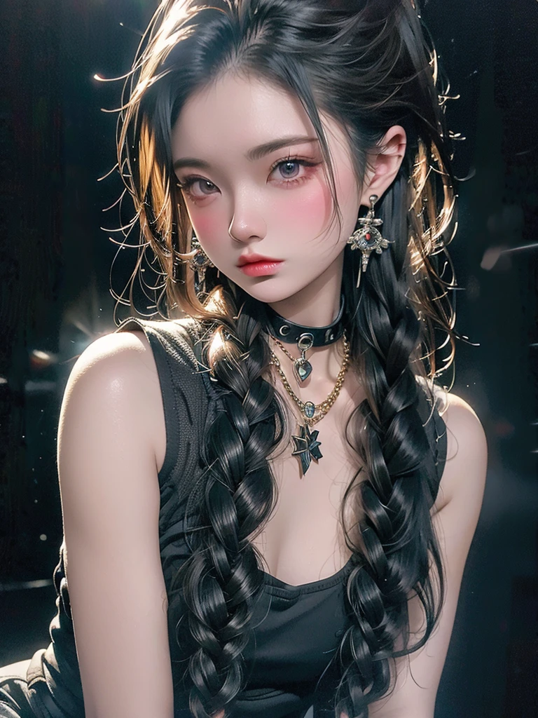 ((Highest quality)),(Ultra-high resolution),(Very detailed),(Detailed Description),((The best CG)),(masterpiece),Ultra-detailed art, Black background、Dramatic lighting1.2、Emitting a glowing aura、semi-long、(((Mid shot photo 1.5)))、Black and revealing、Always looking sharply at the viewer、Vibrant poses、