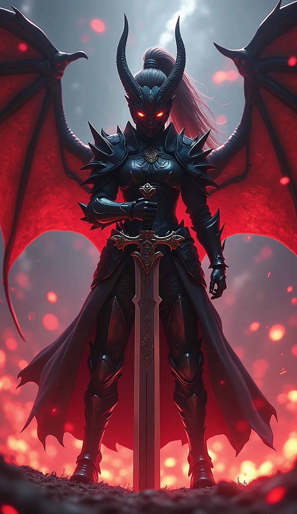 Anime Girl，Pitch-black armor，dragon shaped helmet，A two-handed giant sword with a dragon carving is stuck in the ground in front of you，He holds a huge two-handed sword with a dragon carved on it.，whole body，Panoramic lens，The folded devil wings wrap around his body，The body is surrounded by red lightning and flames，Glowing eyes，Unbelievably long hair，High Ponytail，From below，from the side，Looking at the audience，Motion Blur，Background blur，