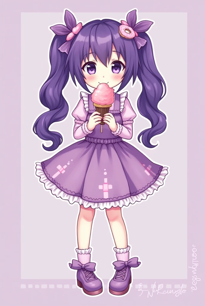 1girl in, Pastel muted colors, (The color palette is purple:1.2, ), For example, donut, sprinkle, candy, lollipop, macaron , a cake, cupcake, Cake Pop, Ruffles and lace, Twin-tailed pigtails purple wonderland