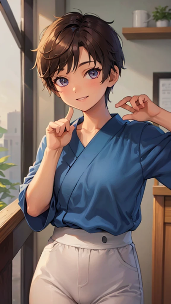 A girl with pixie haircut with light brown colored hair. Have a brown colored eyes. Have E cup bust. Make her look like a tomboy, smiling, wearing Japanese boy uniform.