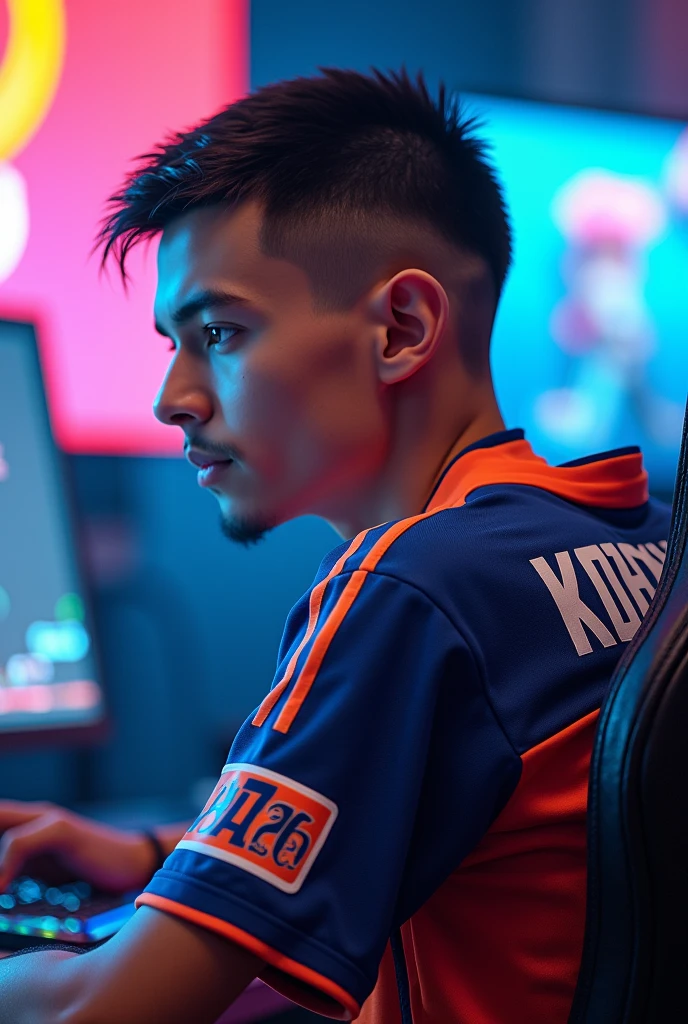 A young man gamer with a buzz cut wearing esports jersy with a name of "Kobekillua26" at the back