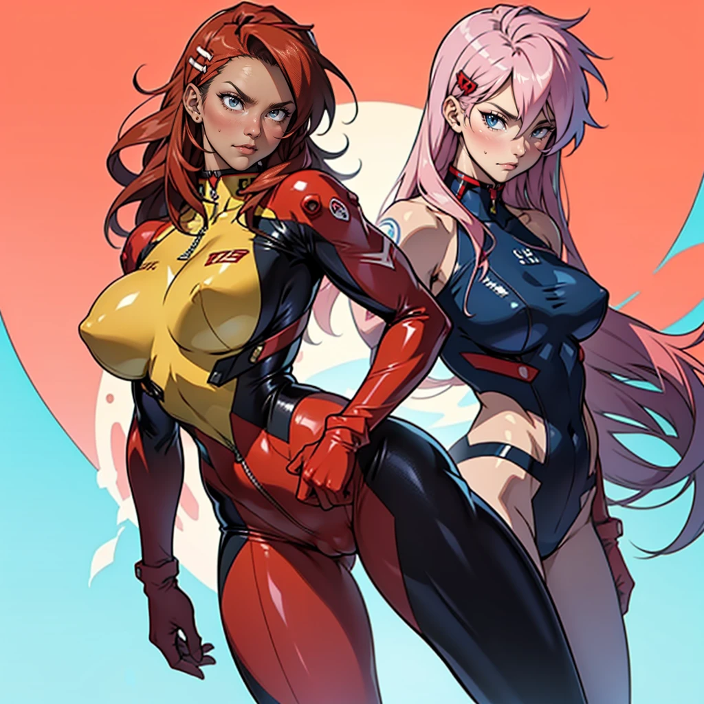 Giant anime girl with  by Norma Stitz, long red hair framing her mesmerizing Evangelion frowning face, Anime nose. high qualiy, Masterpiece artwork, artstation style trends. red asuka hair clips. She wears a tight red latex catsuit, deep decolte,  nippleslips. No estilo de filme de anime de high qualiy. voluptuous body, Waist slender, Broad , chubby camel, standing, pose tsundere. blue sky background.