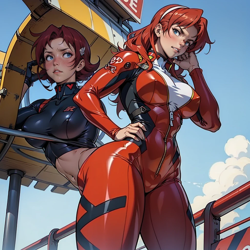 Giant anime girl with huge breasts by Norma Stitz, long red hair framing her mesmerizing Evangelion frowning face, Anime nose. high qualiy, Masterpiece artwork, artstation style trends. red asuka hair clips. She wears a tight red latex catsuit, deep decolte, erect nippleslips. No estilo de filme de anime de high qualiy. voluptuous body, Waist slender, Broad Hips, chubby camel, standing, pose tsundere. blue sky background.