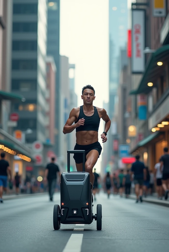 Person who is running on City road and a smart travel bag which follows him without his assistance