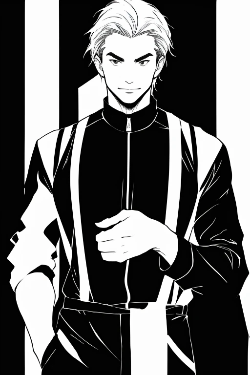 Monochrome、Only black and white、Grey-haired man in black jumpsuit staring at camera、