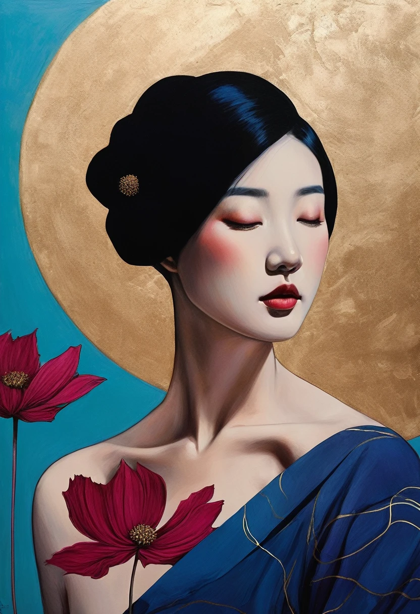 Chiaroscuro on a sensual painting of an elegant oriental woman , retro and vintage ,Chocolate Cosmos (Cosmos Artrosanguneus) Around the body, matte painting, Hannah Dale, By Harumi Hironaka, very soft colors, vibrant, pastel, highly detailed, Digital Artwork, high contrast, dramatic, Refined, Tone of, golden ratio, masterpiece, best quality, ultra high resolution, 1 woman, portrait, (abstract art:1.4), (Brushstrokes), (fancy:1.1), bleeding blue, blue theme, visually Very cool, beautiful, reminiscent, emotional, side view, perfect lighting, perfect shading, volumetric lighting, underground spawning, detailed, convoluted, perfect body, Very cool, very cool, beautiful, (beautiful face), (realistic:1.4),