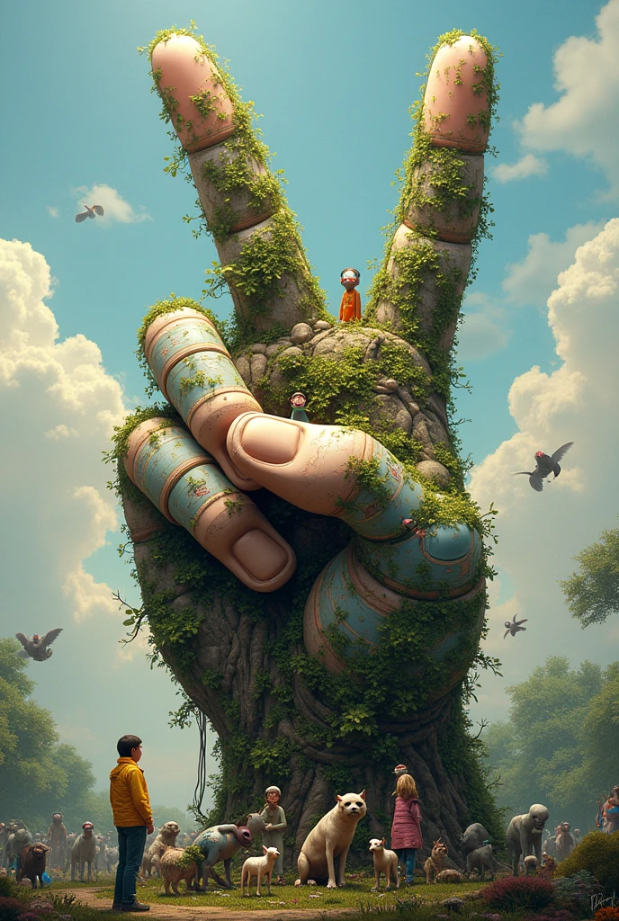 Robots, humans, animals and plants join hands、Making a peace sign　Composition seen from diagonally above