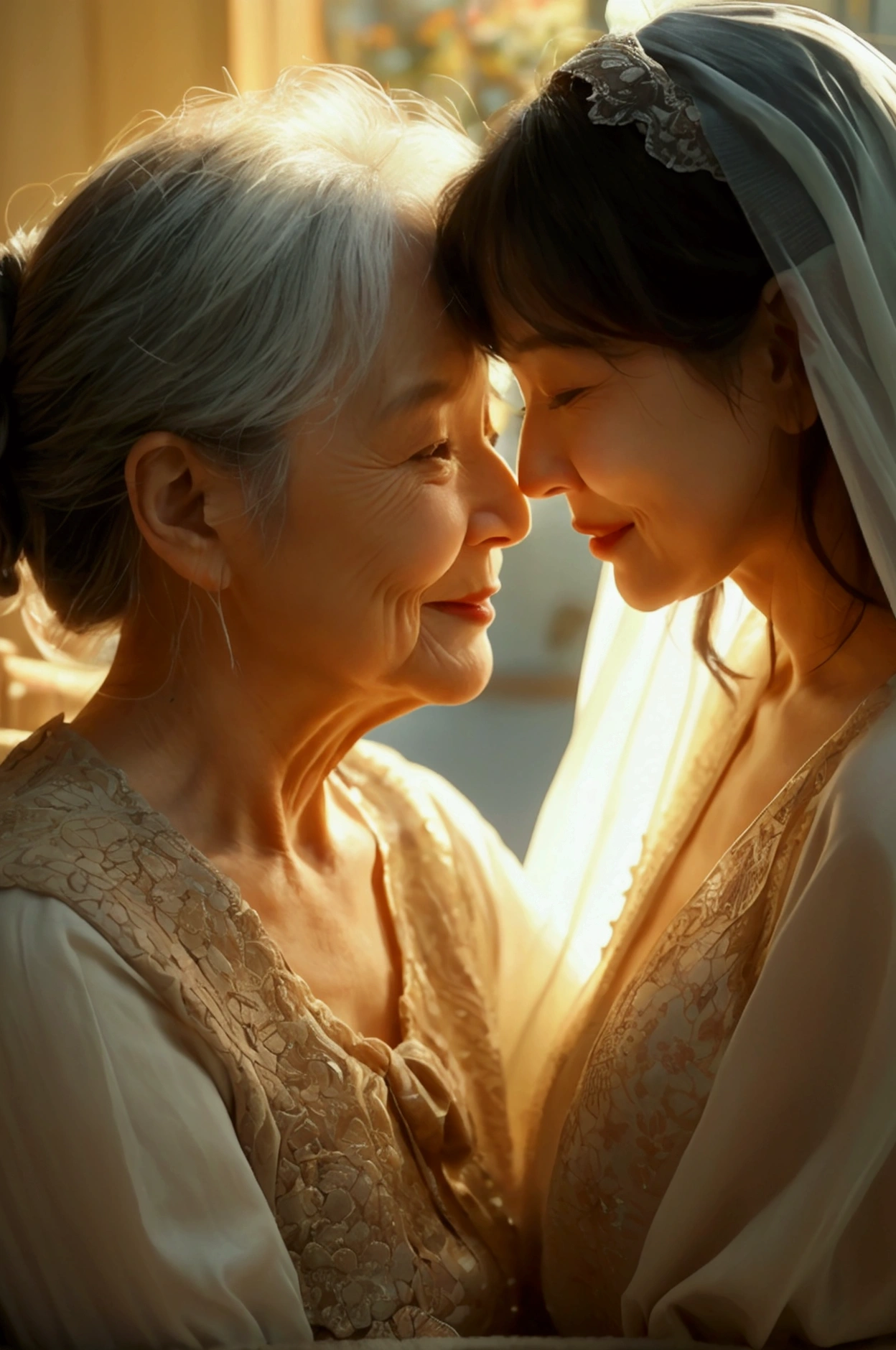 The atmosphere is warm. The 46-year-old son bows down to his mother&#39;s feet. The 66-year-old mother&#39;s face is filled with happiness and compassion. Soft sunlight shines into the small house.