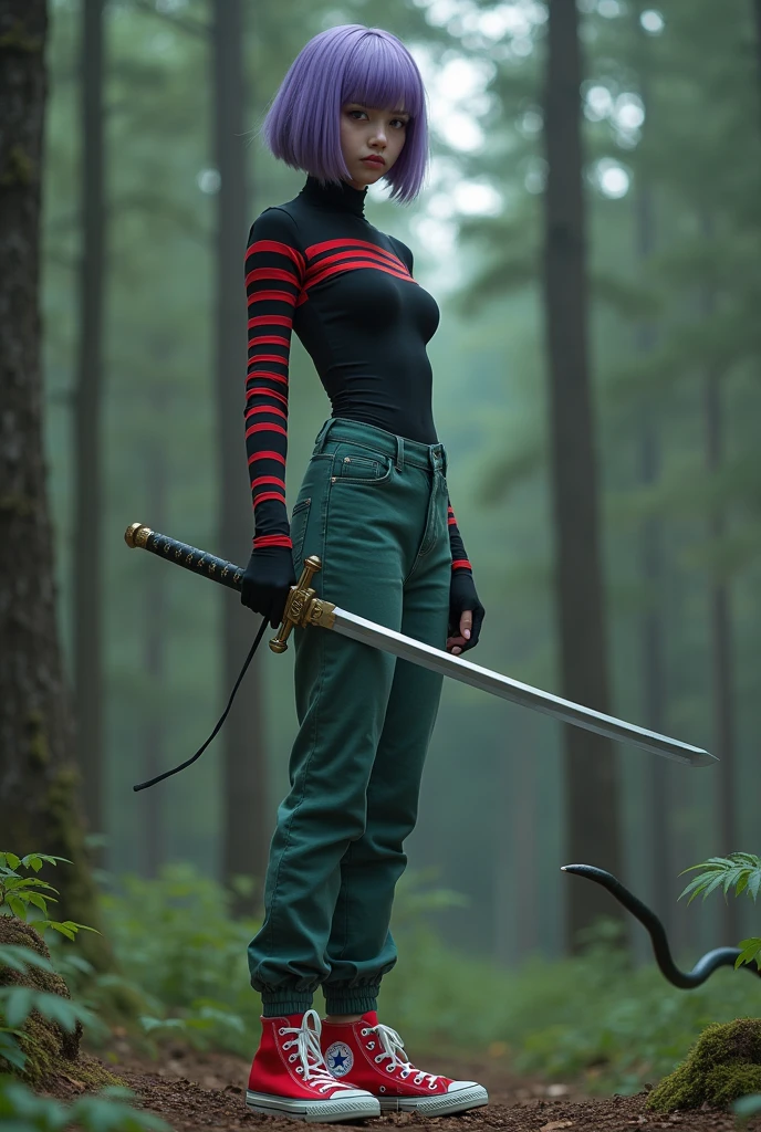 Then, Por favor, create a real photograph of a woman, in a pine forest fighting scary black tentacles. She wears a tight black short-sleeved blouse with several red HORIZONTAL stripes all over the blouse., dark pastel green pants and red ALL star sneakers. She has red eyes and has short purple hair shaved on the side.. She has a serious expression and a thin sword in her hand..