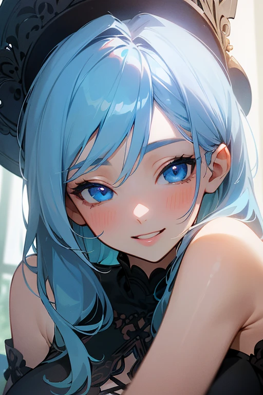 (masterpiece: 1.2, Highest quality), (Actual Photos, Intricate details), 1. woman, alone, Upper Body, casual, Shoulder-length hair, Minimal makeup, Natural materials, Face close-up, smile, Home, (Light blue hair).blue eyes, Shoulder Bare、Smiling with teeth showing、(In the gap between my breasts).((Kiss with your eyes closed)).