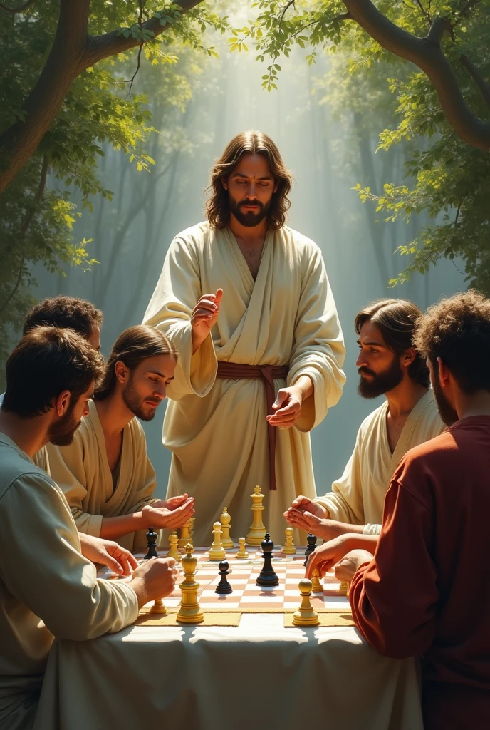 Picture of the Lord Jesus arranging people who are playing chess