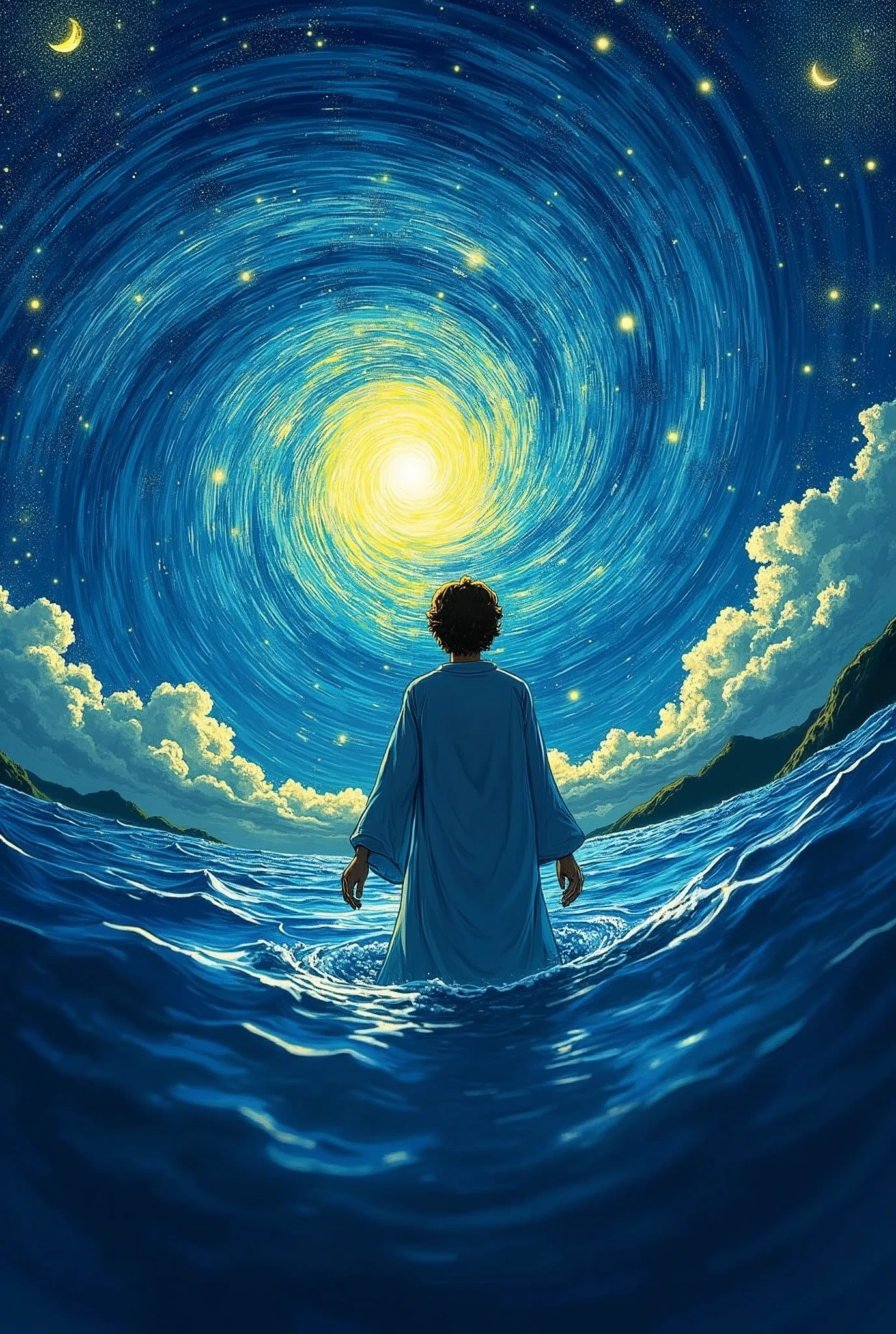 Action Shots, Jesus Christ , Spiral Mode, Underwater viewpoint, Look up at the sky at the bottom of the sea, HD Real Van Gogh Sky,Capture Vincent Van Gogh's enchanting depiction of an iconic starry sky,Vibrant, Blue and yellow light up the night sky, Inviting viewers into the vision of famous artists, Topics include "In good faith: Makoto Shinkai", Miyazaki style, 32K, surreal photos,shuixia,Handsome,Japanese anime style,delicate,A kind expression,Slurry