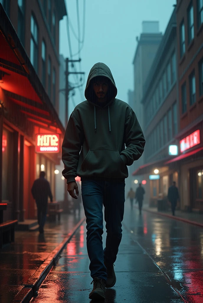 A 25 years old man with a hoodie and slim jeans, walking down a street, in a dark city surrounded by fog and heavy rain, in the evening, with low red bricks buildings, many old shops and cheap restaurants, many people walking around.