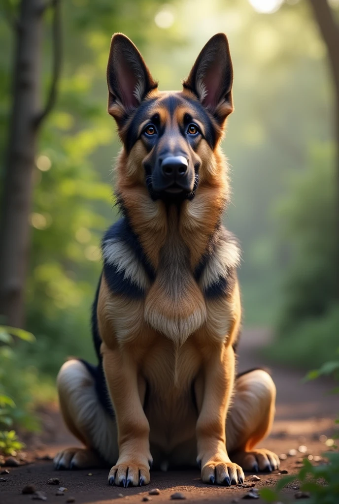 German Shepherd dog sitting with folded hands and meditating
