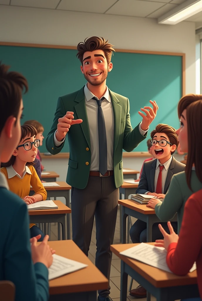 A male teacher teaching student and crake a joke and laugh someones and not laugh someones
