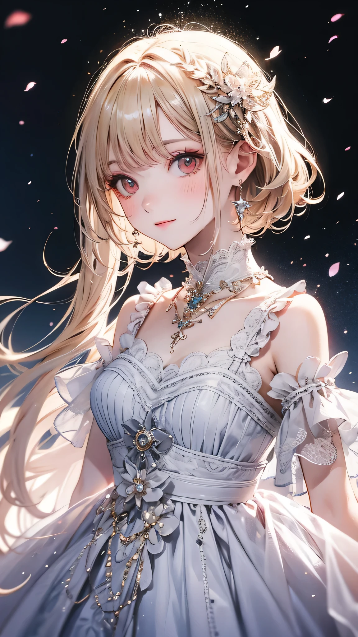 (masterpiece),(Top quality:1.2),1 Girl,(Masseter film:1.3),Fine details, Highest quality 8K resolution, Extremely detailed, Practical, Vibrant colors, Soft tones, Warm and soft lighting,极其Beautiful face庞和眼睛,Naughty smile,(cleveage:1.2)、blush,(Starry Sky)、Rainbow lights,Diamond Dust、Excellent views,Depth of Field, Full HD,vivid、Sharp lighting, Dark, Chromatic Aberration, Art Germ's Artwork, Rainbow Light、Rainbow Lights,Beautiful angel flying in the dreamy night sky,Moonlight illuminates rainbow-like clouds. Flap your wings. Beautiful face,Bright colors,Eyes glow. She wears exquisite jewelry. Her big, The snow-white wings shimmered faintly in the moonlight. A palace floating in the clouds.(straight blonde hair:1.3),(Hair parted in the middle:1.3),(Deep blue eyes:1.3),White skin,Warm golden glow,这件艺术品堪称masterpiece,