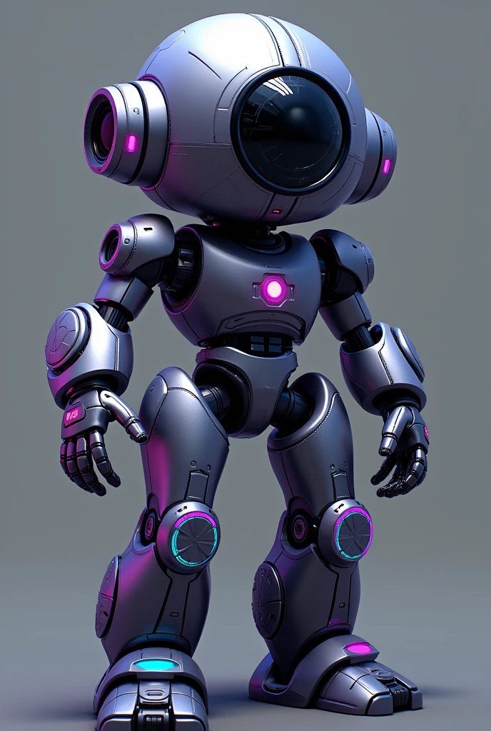 
### General Structure:
- **humanoid shape:** cos com proporções humanas, but with a futuristic and cyberpunk touch.
- **Height:** Media is the bottom line, with an imposing presence.

### head:
- **eyeballs:**
  - **2 eyeballs Principais:** Located where human eyes would be, large and with a cybernetic glow.
  - **2 eyeballs Menores:** Below the main, maybe in the cheek area, serving as additional sensors.
  - **1 Larger Eye on Forehead:** It occupies the central area of the forehead, It could be a holographic display or an advanced sensor.

### cos:
- **Skinned/Outer layer:** Metallic or synthetic surface, with shiny panels and visible circuit lines.
- **detaileds:** LED light panels, exposed circuits, and a texture that resembles electronic circuits.
- **joints:** Visible mechanisms in the joints to give a more robotic effect.

### arms e flegs:
- **arms:** Robust with exposed joints and details reminiscent of servomechanisms. They may have accessories such as retractable blades or tools..
- **flegs:** Design similar to the arms, with panels and technological details. Maybe with parts that light up or change shape..

### detaileds Adicionais:
- **cyberpunkstyle:** Predominant neon and metallic colors, with a combination of purple, cerulean, silver and black.
- **Accessories:** Perhaps a holographic display or interface that appears when it is in use.. May have elements of advanced technology, like small drones attached to the body.

### Personalidade e function:
- **Personalidade:** If it is a technological entity, can have a neutral or slightly enigmatic tone, reflecting advanced artificial intelligence.
- **function:** Could be a guardian of information, a systems controller, or a data explorer.

If you need more details or adjustments, I'm here to help!