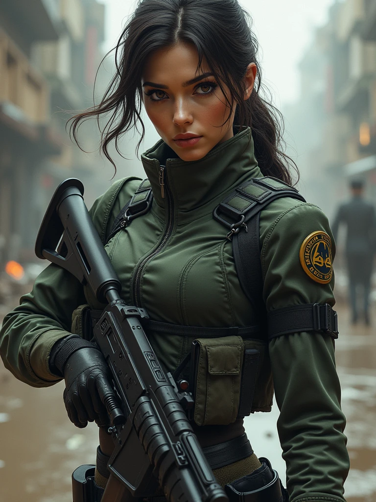 beautiful woman, dressed in tactical military uniform, holding a weapon of war, hyper realism, high quality