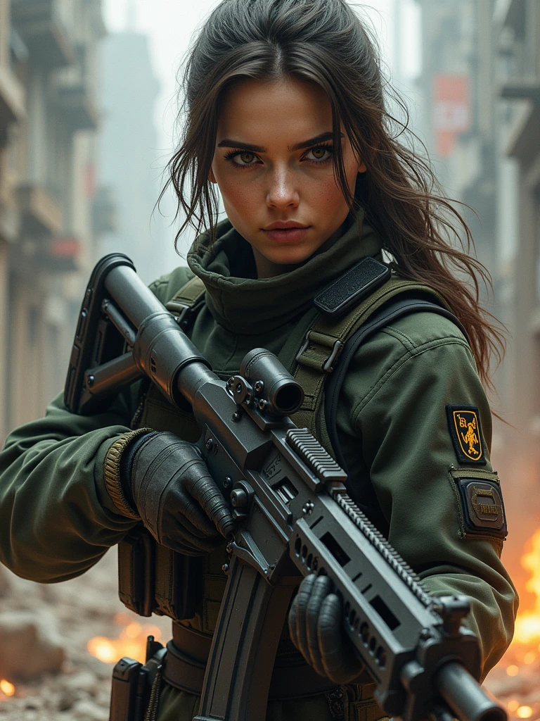 beautiful woman, dressed in tactical military uniform, holding a weapon of war, hyper realism, high quality