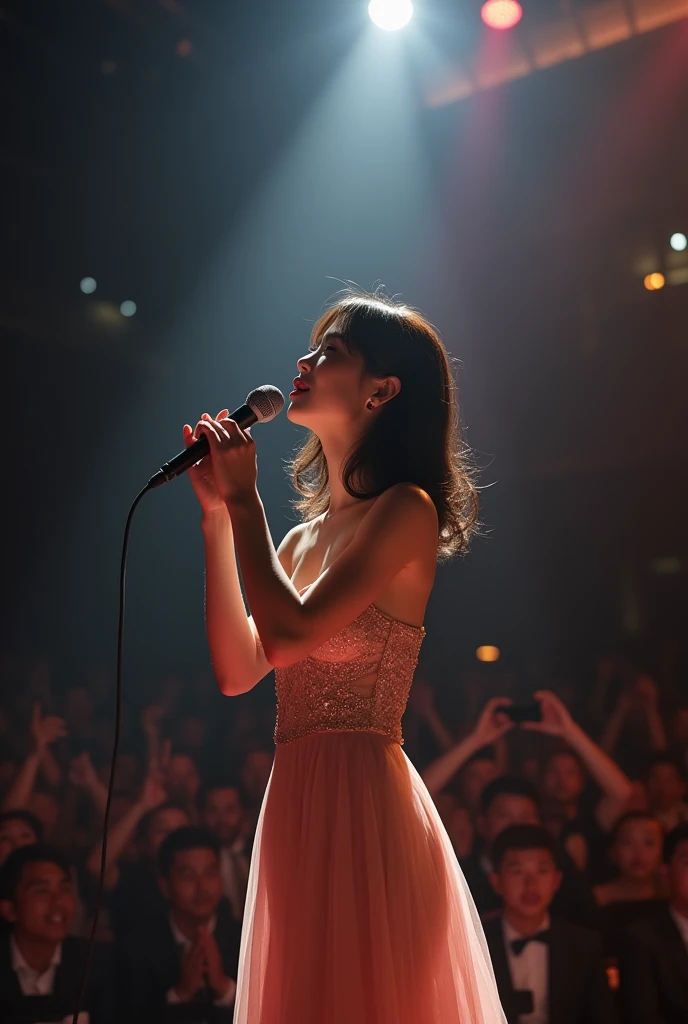 1 japanese female vocalist singing solo on stage, detailed face, beautiful eyes and lips, long eyelashes, elegant dress, spotlight, concert hall, audience, intricate details, hyperrealistic, photorealistic, 8k, best quality, masterpiece, cinematic lighting, vibrant colors, dramatic atmosphere