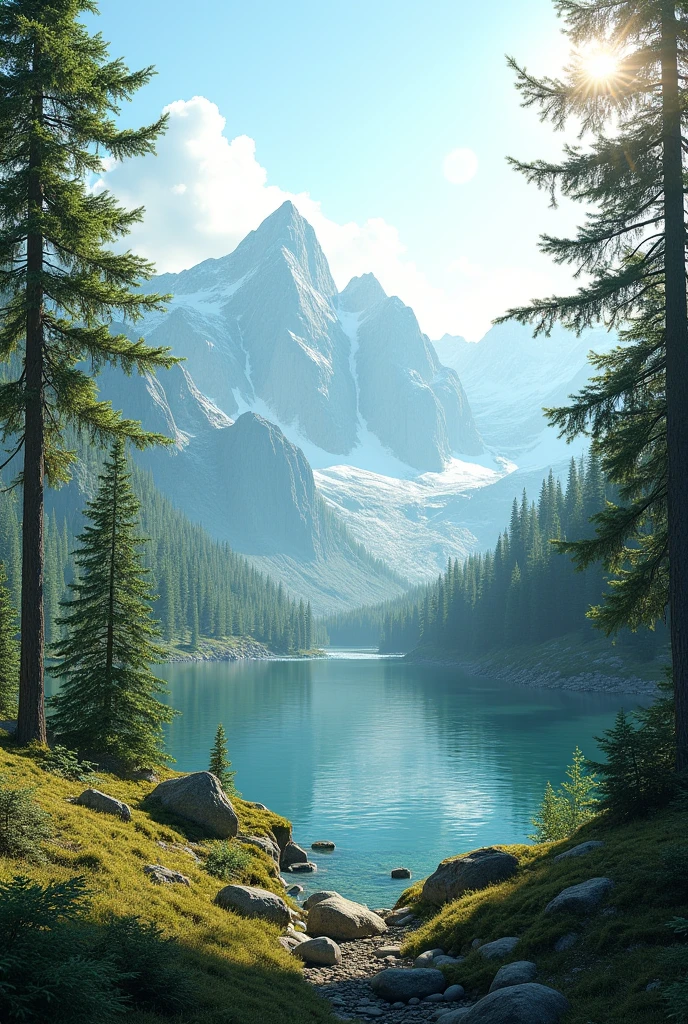 Draw a picture of a pine forest, mountains, and a warm lake.