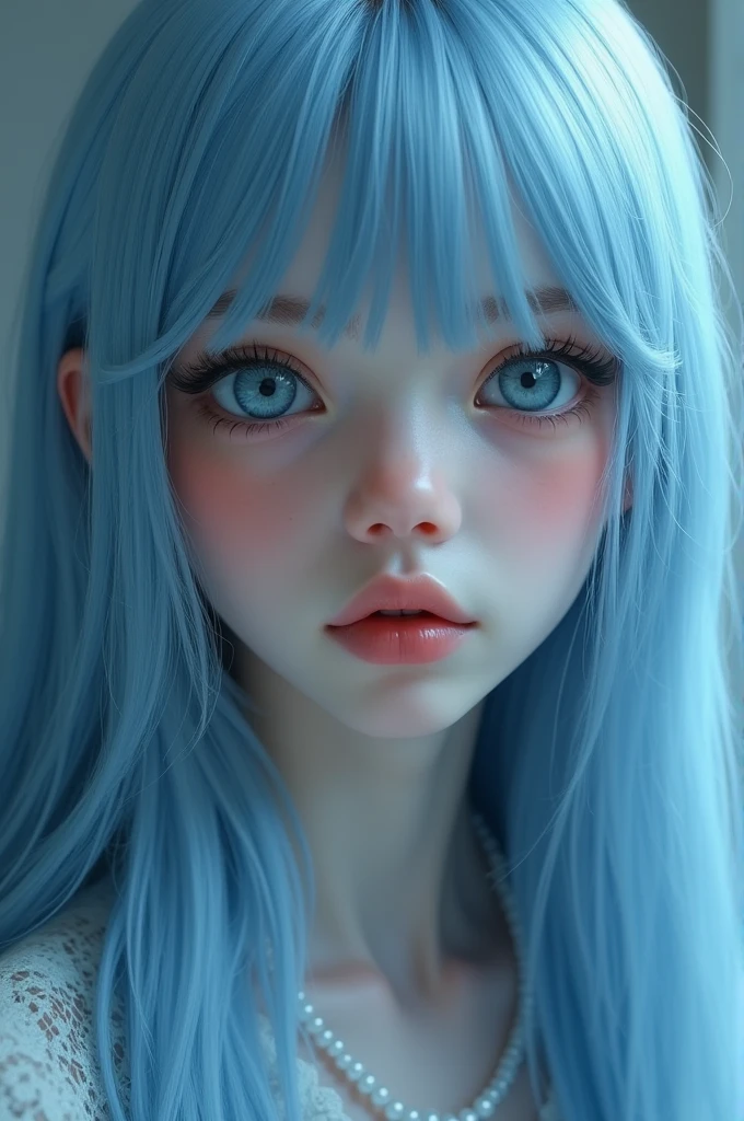 A -yeld pry boy with straight, waist-length light blue hair, long, slanted eyelashes, and light blue eyes with a cool look.